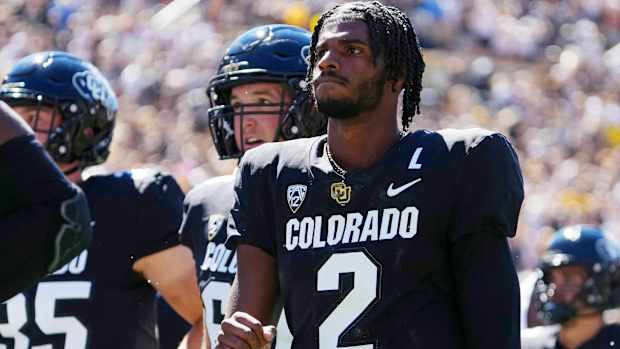 Colorado Shedeur Sanders looks on during a game vs. Nebraska.
